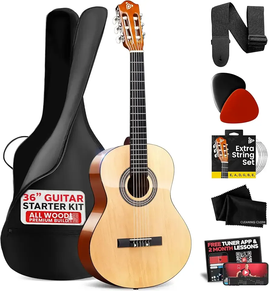 Pyle Beginner Acoustic Guitar Kit, 3/4 Junior Size All Wood Instrument with Full Accessory Kit, Picks, Shoulder Strap, Carry Case, Cleaning Cloth, Tuner App, 2 Month Lessons, 36” (Ash Gloss)