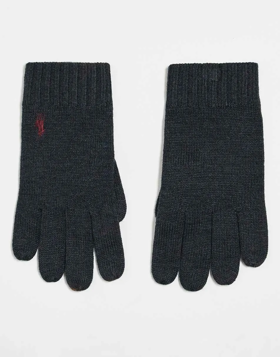 Polo Ralph Lauren icon logo merino wool knit gloves in charcoal marl