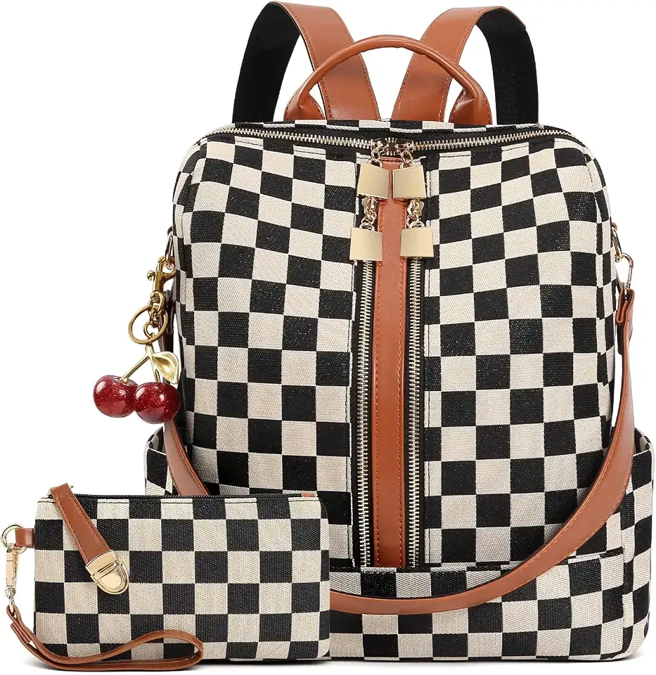 Small Backpack Purse for Women Checkered Back Pack Purses Ladies Backpack Handbags with Cherry Pendant Work Travel