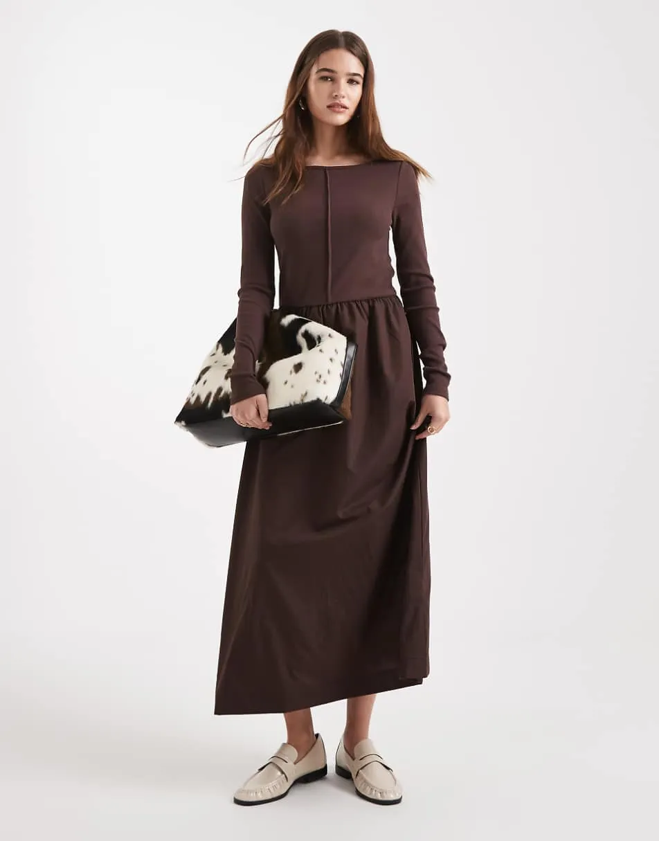 Threadbare boat neck midi dress with seam detail in chocolate brown
