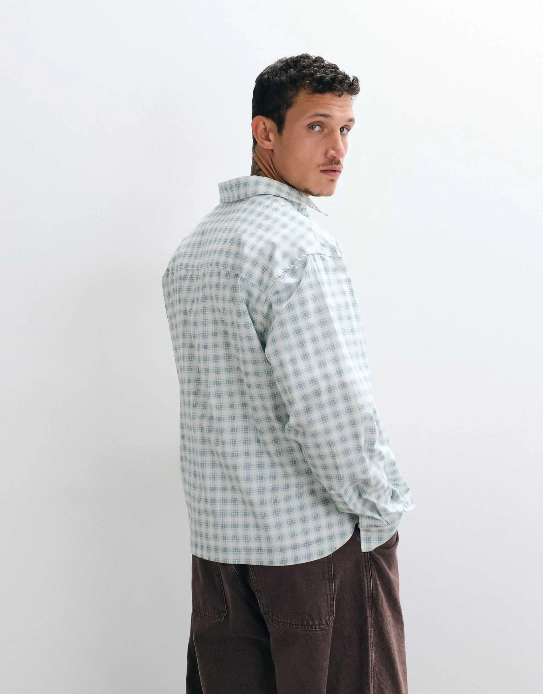 ASOS DESIGN boxy oversized check shirt with placement print in blue