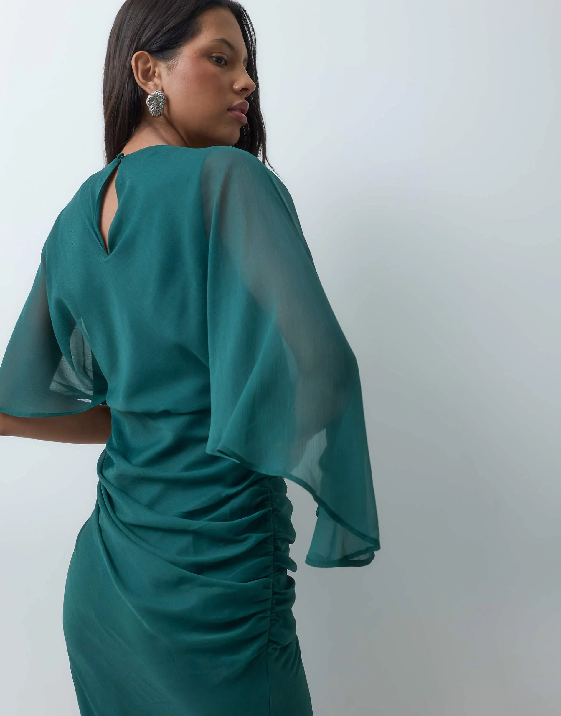 ASOS DESIGN maxi chiffon dress with asym sleeves in dark green
