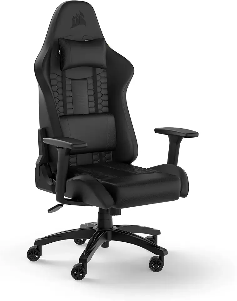 Corsair TC100 Relaxed Gaming Chair - Leatherette - Racing-Inspired Design - Lumbar Pillow - Detachable Memory Foam Neck Pillow - Adjustable Seat Height - Adjustable Armrests - Black