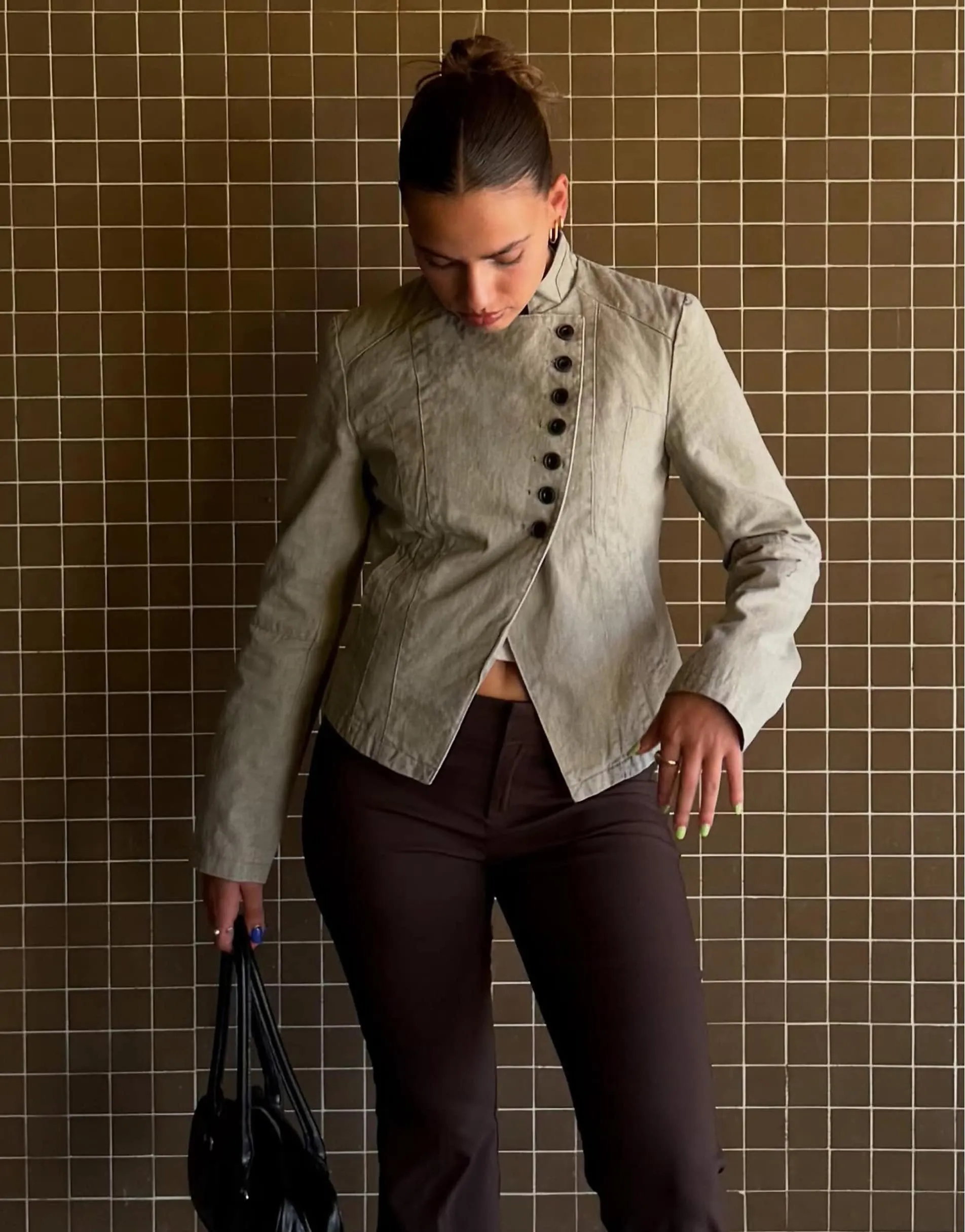 Bershka Double-breasted button-up blazer in ecru