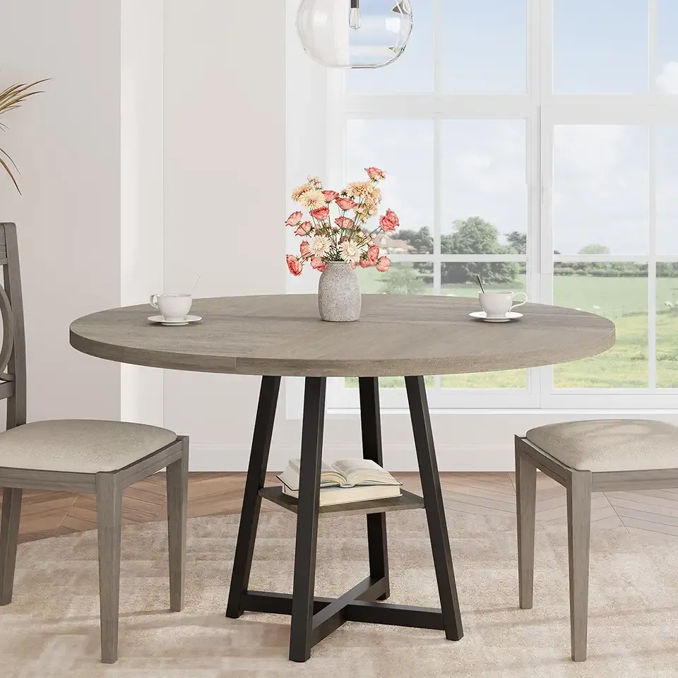 Garvee 47.2 in Round Dining Table for 4-6 People, Industrial Round Kitchen Table with Sturdy Metal Pedestal Base & Storage Shelf, Circle 4 Dinner Table for Dinner, Kitchen, Dining Room
