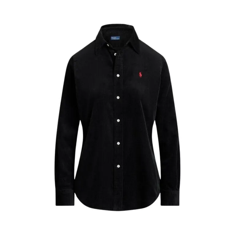 Stretch Slim Fit Cotton Corduroy Shirt - Sort