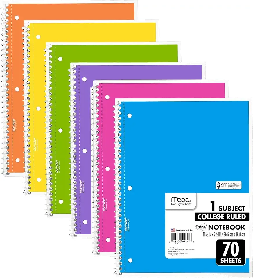 Mead Spiral Notebooks, 6 Pack, 1-Subject, College Ruled Paper, 10-1/2" x 8”, 70 Sheets per Notebook, Assorted Colors (73065)…