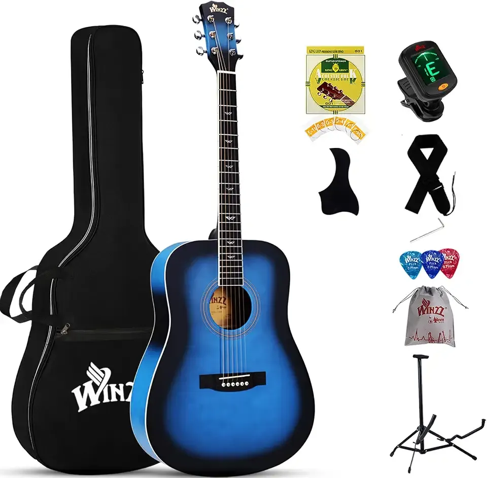 Winzz Acoustic Guitars Full Size, 4/4 Folk Guitar for Beginners Adults, Acoustic Steel-string Guitar (blue)