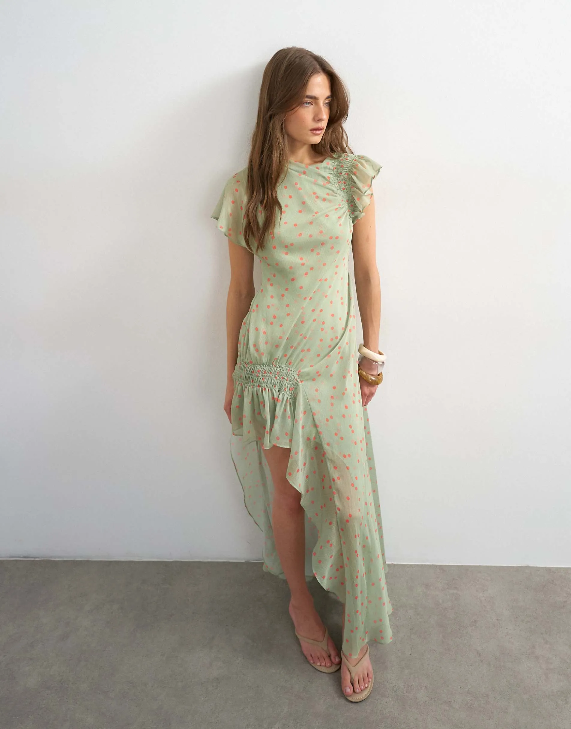 Topshop premium chiffon high low maxi dress with smocking detail in green polka dot
