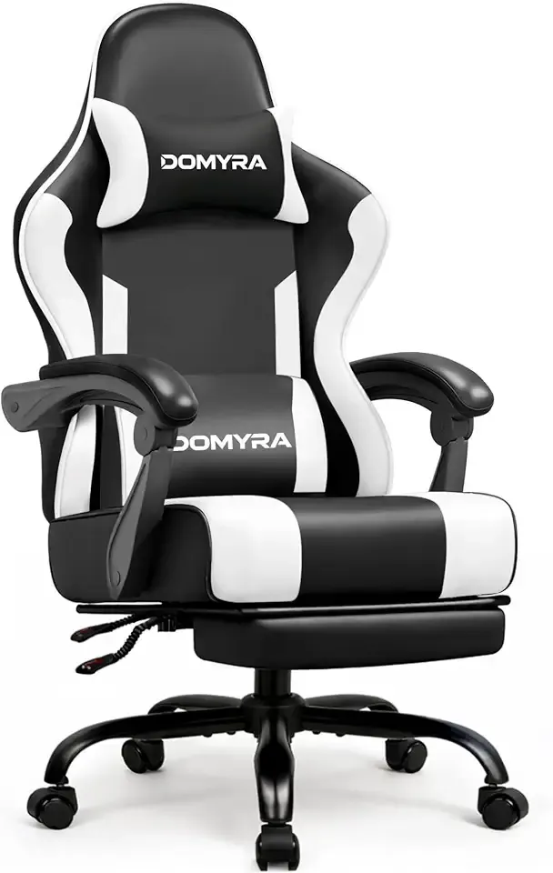 Gaming Chair Gamer Game - Ergonomic Gaming Chair with Footstool, Headrest, and Lumbar Support Height Adjustable Leather Game Chair’s 150 KG Load Bearing Capacity Black