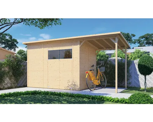 Dřevěný zahradní domek Bertilo Fineline Modern 4 Plus přírodní 470 x 202 cm vč. přístřešku