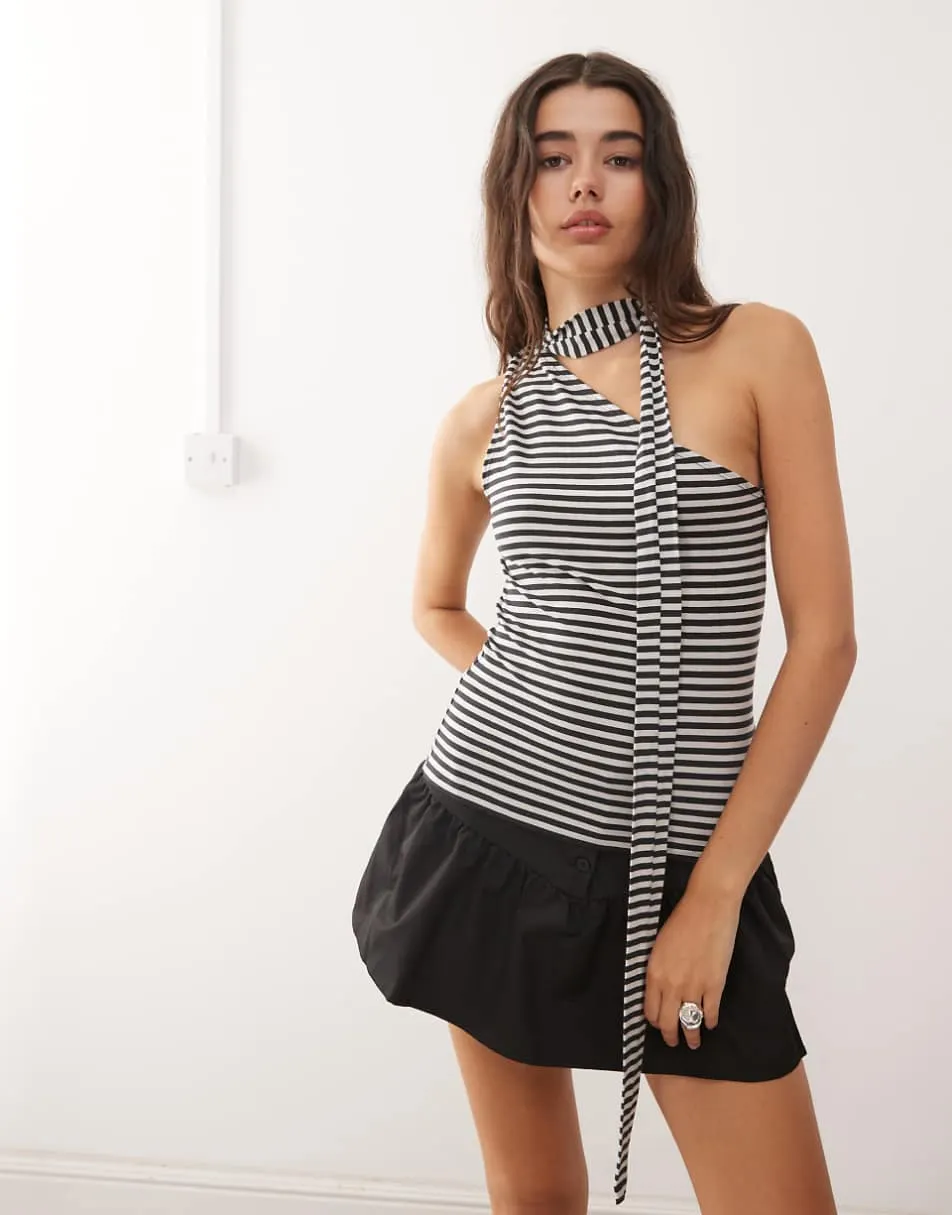 Weekday one shoulder halter top in off-black & grey stripe exclusive to ASOS