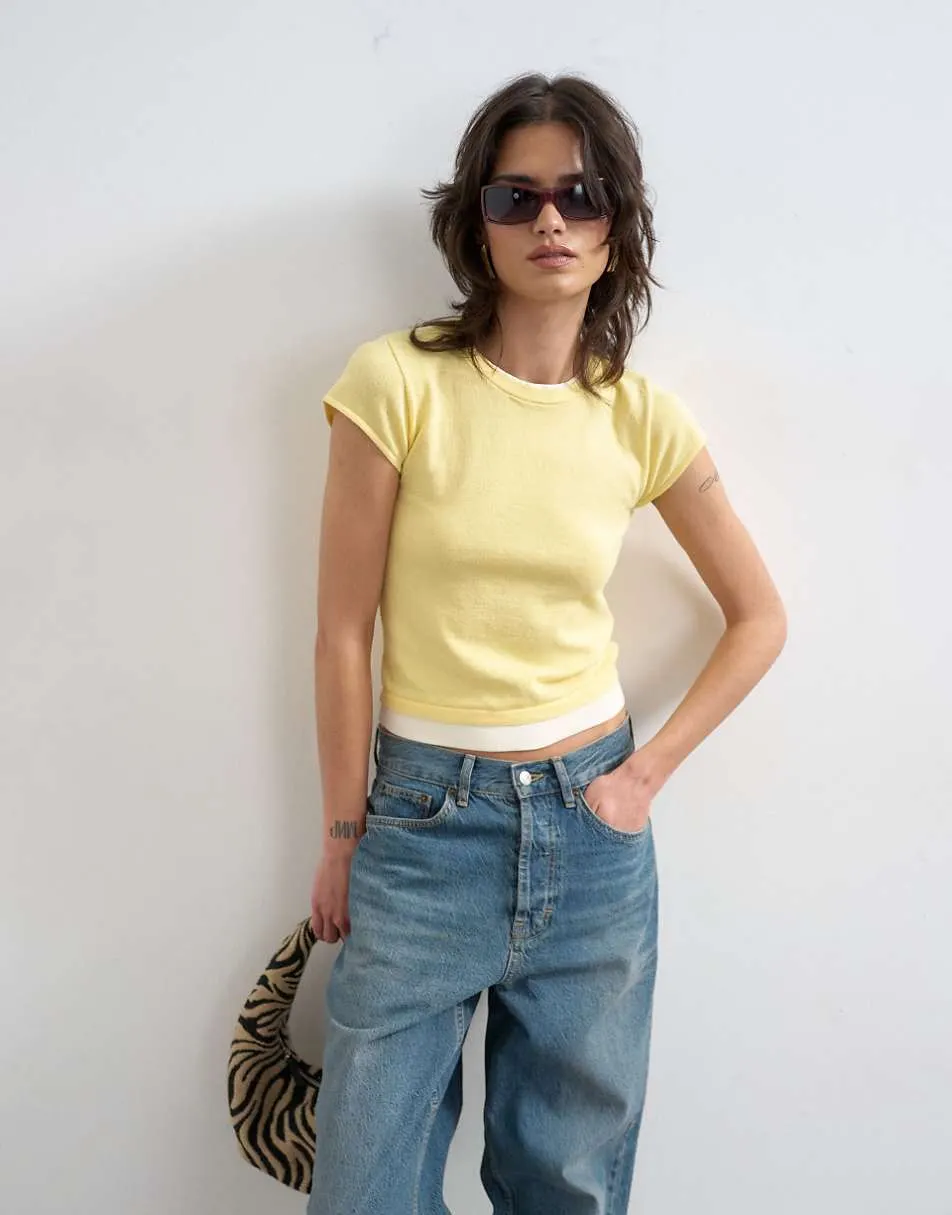 Topshop knitted double layer t-shirt in yellow