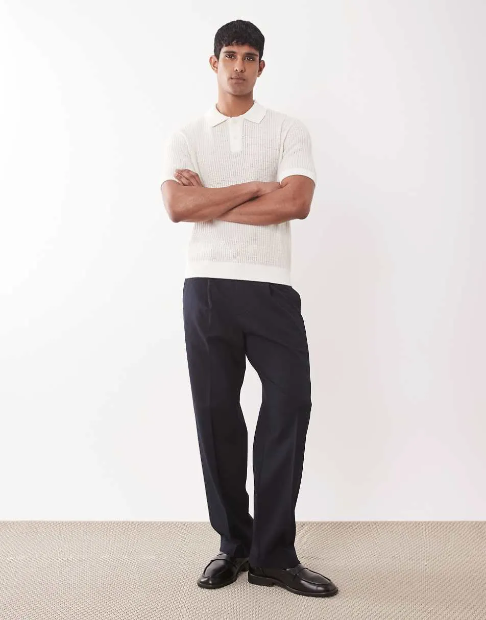 Mango knitted revere collar short sleeve polo shirt in cream