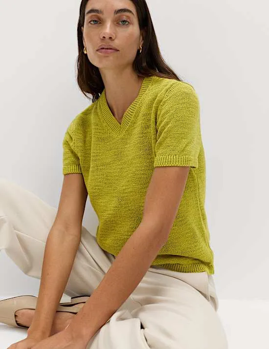 Cotton Rich V-Neck Slim Fit Knitted Top