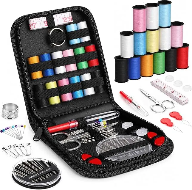 Coquimbo Sewing Kit Mini, Dorm Room Essentials, Portable Needle and Thread Kit with Scissors, Tape Measure, Thimble & Sewing Needles for Adults, College Students, Travel, Emergency Repair (Black, S)