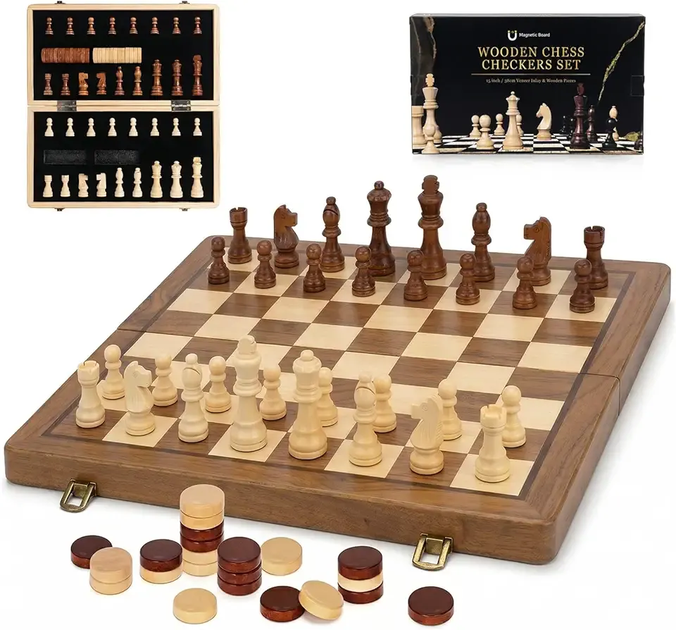 15" Wooden 2 in 1 Magnetic Chess Set, Foldable Chess Board Game with Storage Slots, Portable Travel Chess Set for Adults Kids, Professional Tournament & Beginner Chess Game