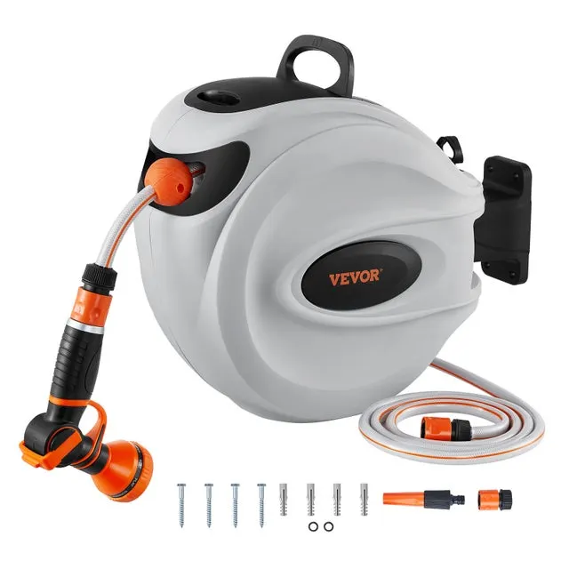 Avvolgitubo da Parete 20 m x 12 mm VEVOR, Rullo Tubo Irrigazione Girevole 180°, 9 Ugelli + 3 Adattatori Rapidi, Riavvolgimento Automatico e Blocco