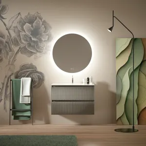 Feel Your Bath Mueble de Baño LYNX 80 cm Antracita Efecto Cristal, 2 Cajones, Encimera Cerámica Blanca, Espejo Redondo LED - Fácil instalación