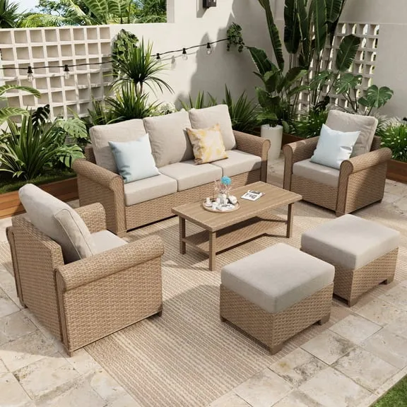 Sophia & William 6 Pieces Wicker Patio Furniture Set 7-Seat Outdoor Cushioned Conversation Set with Coffe Table, Beige $989.99 Was $1,733.32