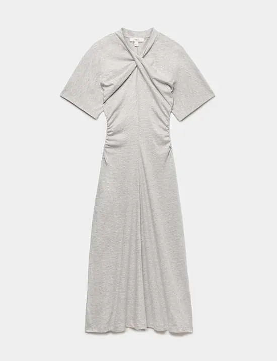 Midi-Jersey-Säulenkleid aus Baumwollmischgewebe mit Twist-Detail
