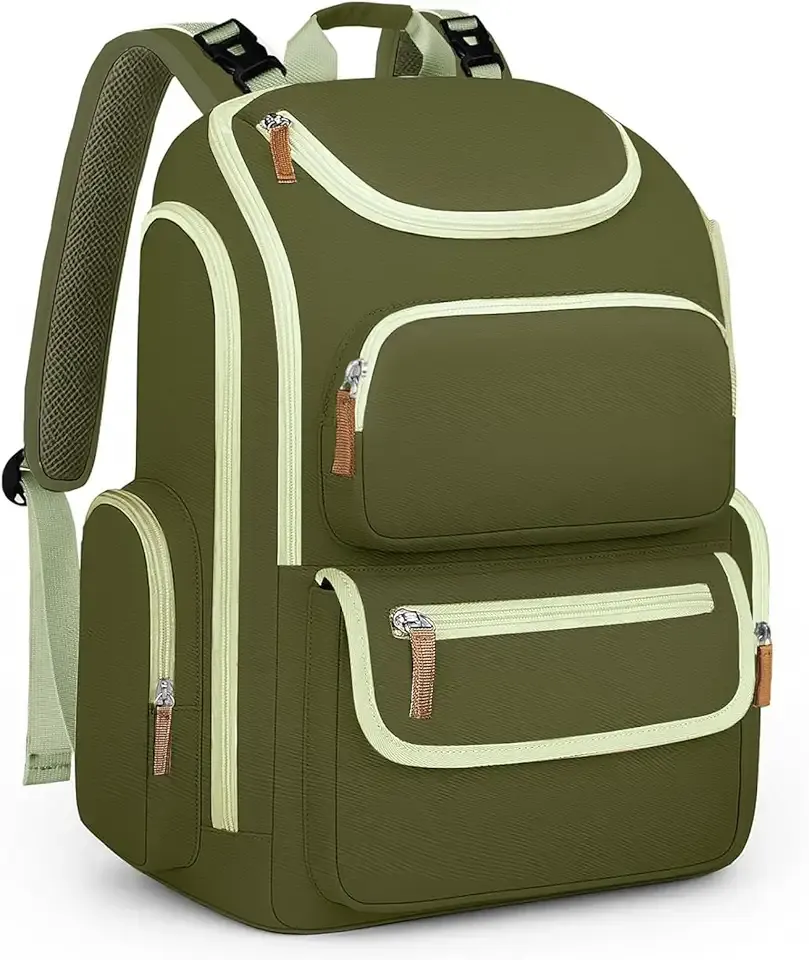 Mancro Diaper Bag Backpack for Woman, Waterproof and Lightweight Large Capacity Baby Diaper Bag, Multipurpose Travel Diaper Bag for Dads Moms,Green and Brown