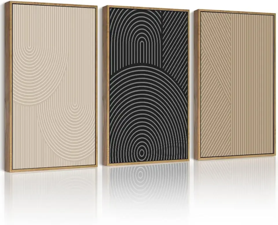 Drsoum Mid-Century Modern Framed Wall Art Minimalist Abstract Boho Neutral Line Wall Decor Geometric Artwork Kitchen Dining Room 11x14in Natural Framed