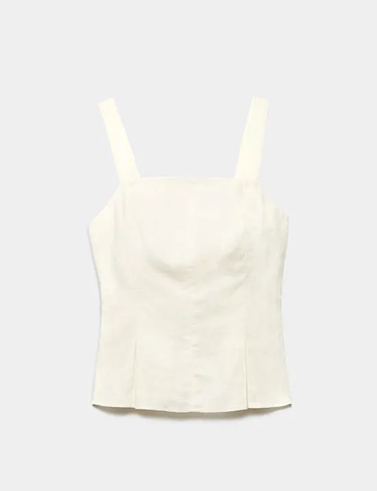 Pure Linen Square Neck Panelled Peplum Top