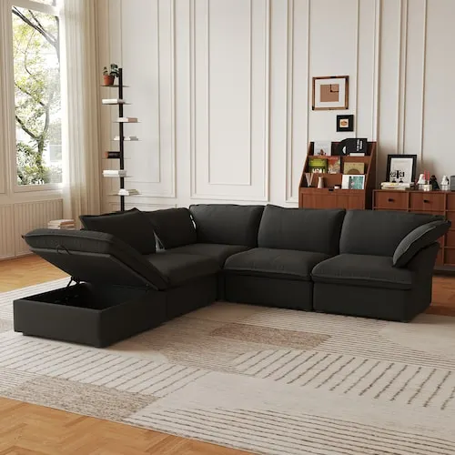 163 in. Down Filled Linen Modular Cloud Sectional Sofa 4-Seater Sofa with Storage Ottoman in. Black