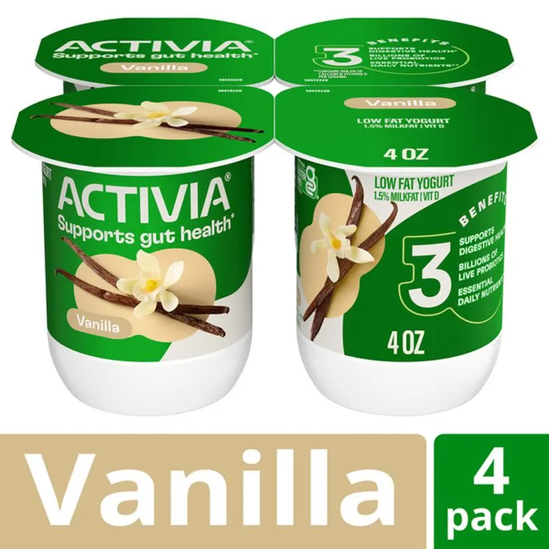 Activia Vanilla Probiotic Yogurt, Delicious Low Fat Yogurt Cups to Help Support Gut Health, 4 oz, 4 Count