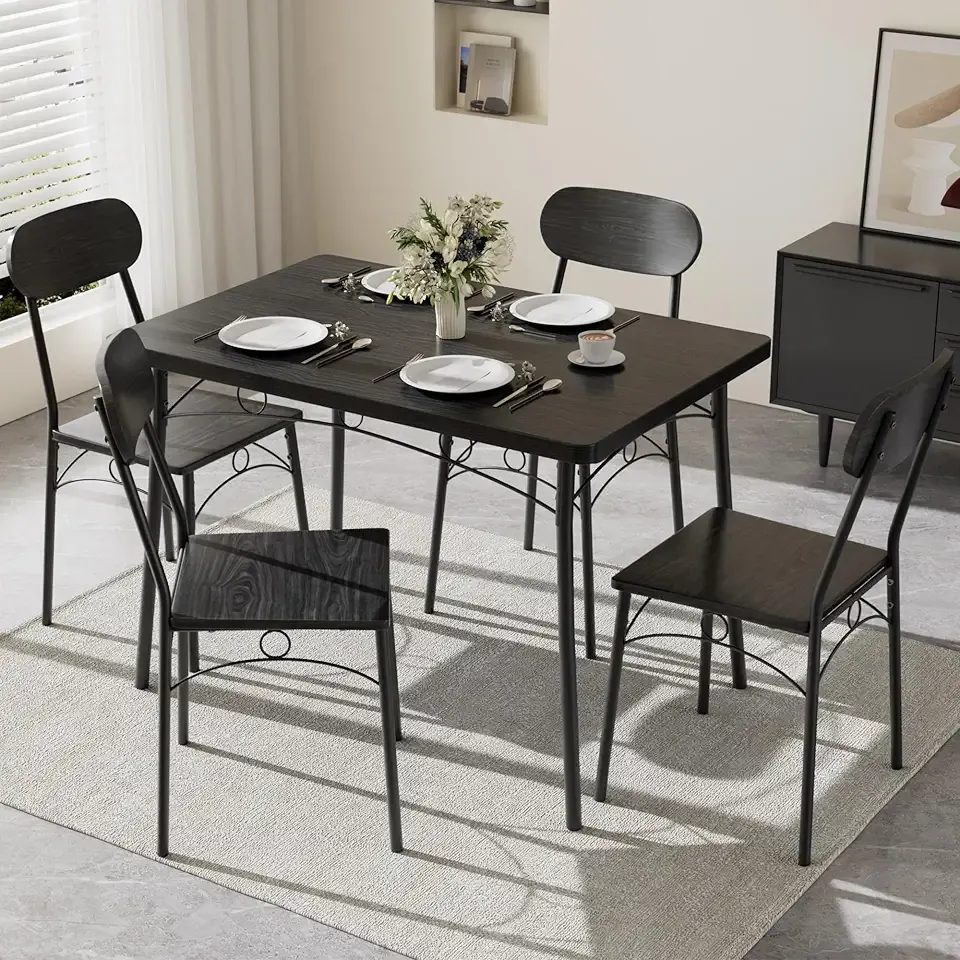 Dining Table Set for 4, 5-Piece Kitchen Table with 4 Chairs, MDF Board Tabletop with Metal Frame for Small Space, Compact Dinette, Breakfast Nook, Black