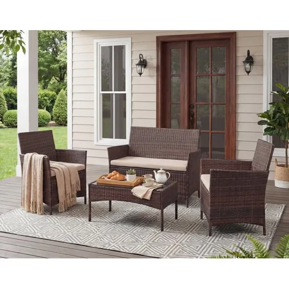 Lacoo 4 Pieces Patio Furniture Set Outdoor Conversation Wicker Rattan Chairs Seating with Cushion and Glass Table Weather-Resistant for Garden Backyard Porch, Brown $129.99 Was $239.99