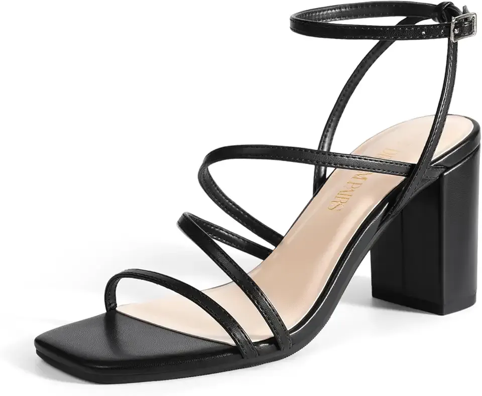 Women's Heels Chunky Block Strappy Square Open Toe Ankle Buckle Heeled Sandals Wedding Party Dress Shoes Indie