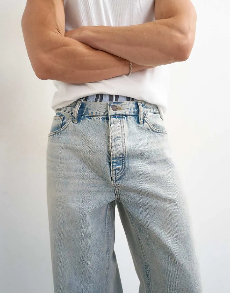 Topman rigid baggy fit jean with turn-up in light wash