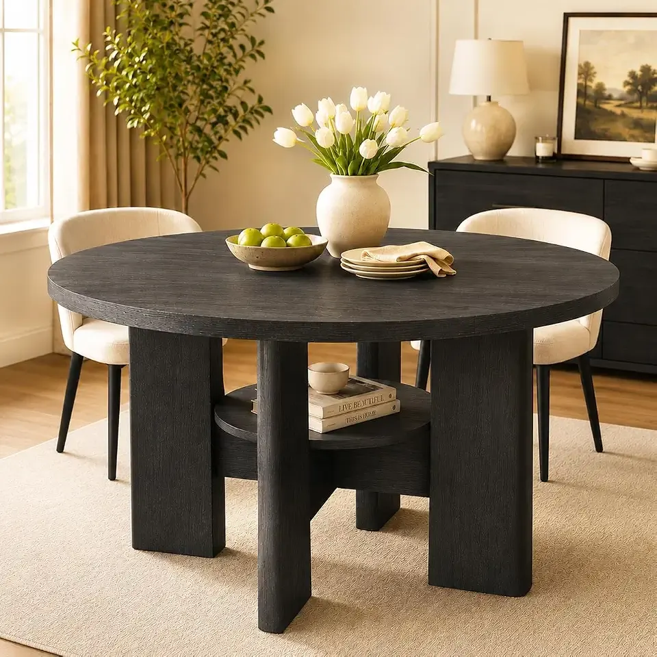 47" Round Dining Table for 4-6 People, Modern Wood Kitchen Table with Sculptural Curved Pedestal Base, 1.57" Thick Tabletop, Storage Shelf, Dining Room Table for Apartment,Black Grey