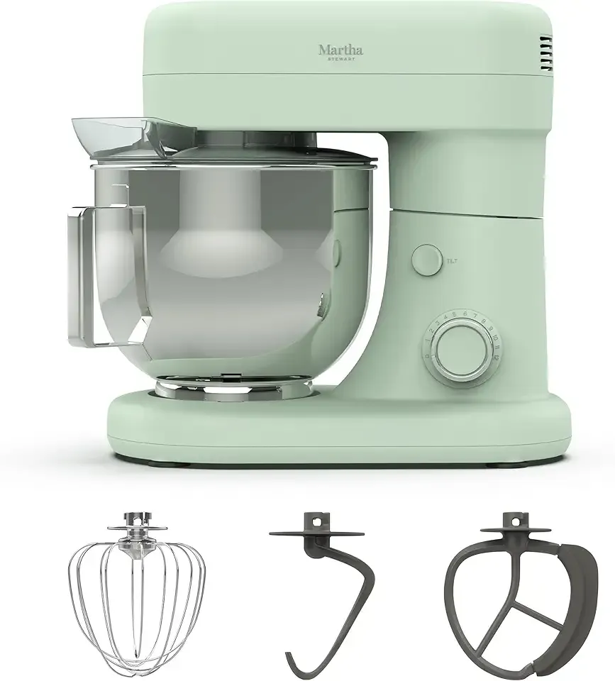 Martha Stewart Tilt-Head Stand Mixer, 12 Speed, 5.3QT Stainless Steel Bowl, Splash Guard with Pour Chute, Whisk, Dough Hook, Flat Beater, Electric Kitchen Baking Mixer, Bread, Cake, Whip, Honeydew