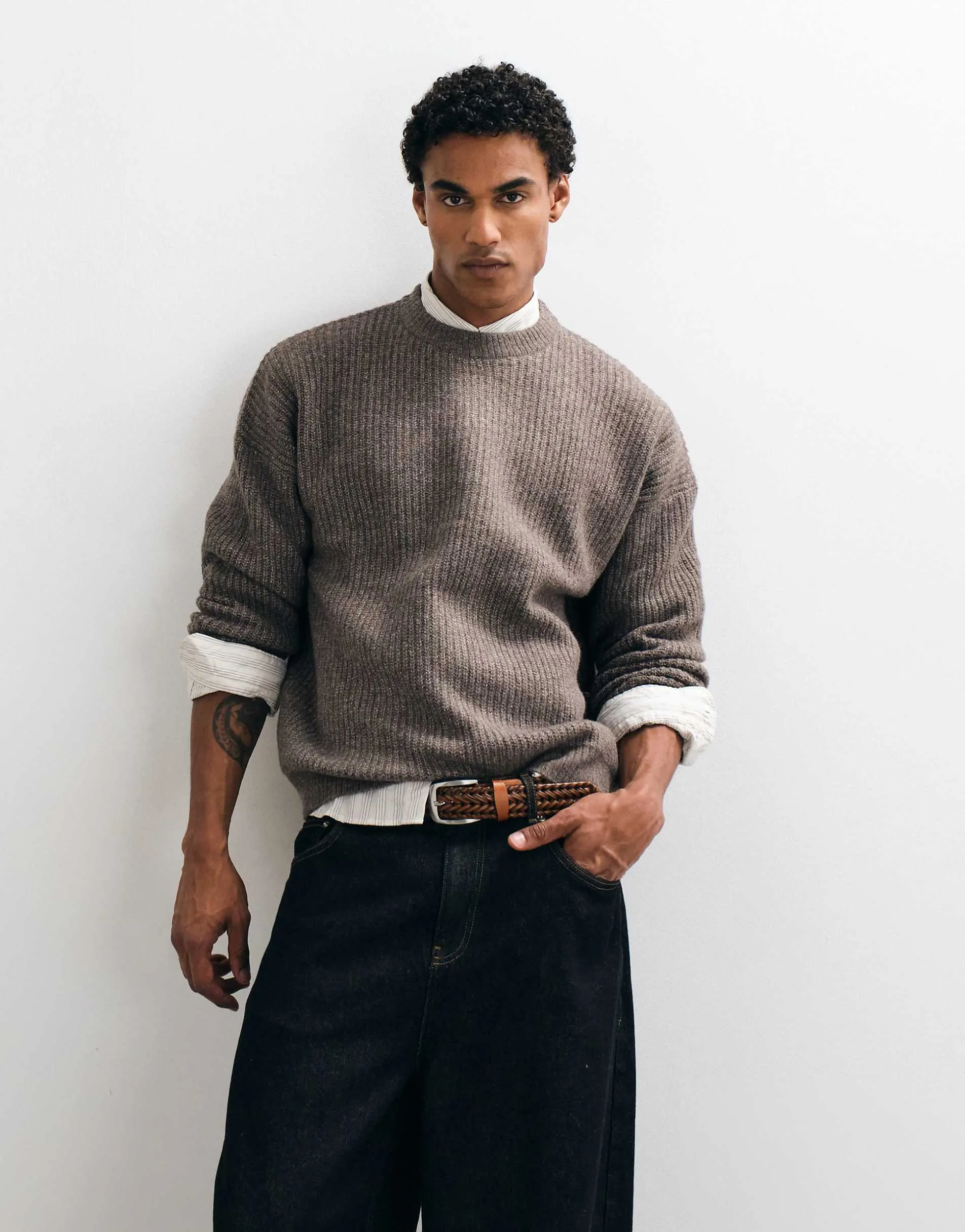 ASOS DESIGN super oversized knitted wool blend rib jumper in brown marl