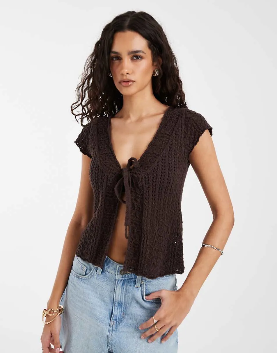 Hollister tie front knitted babydoll top in brown