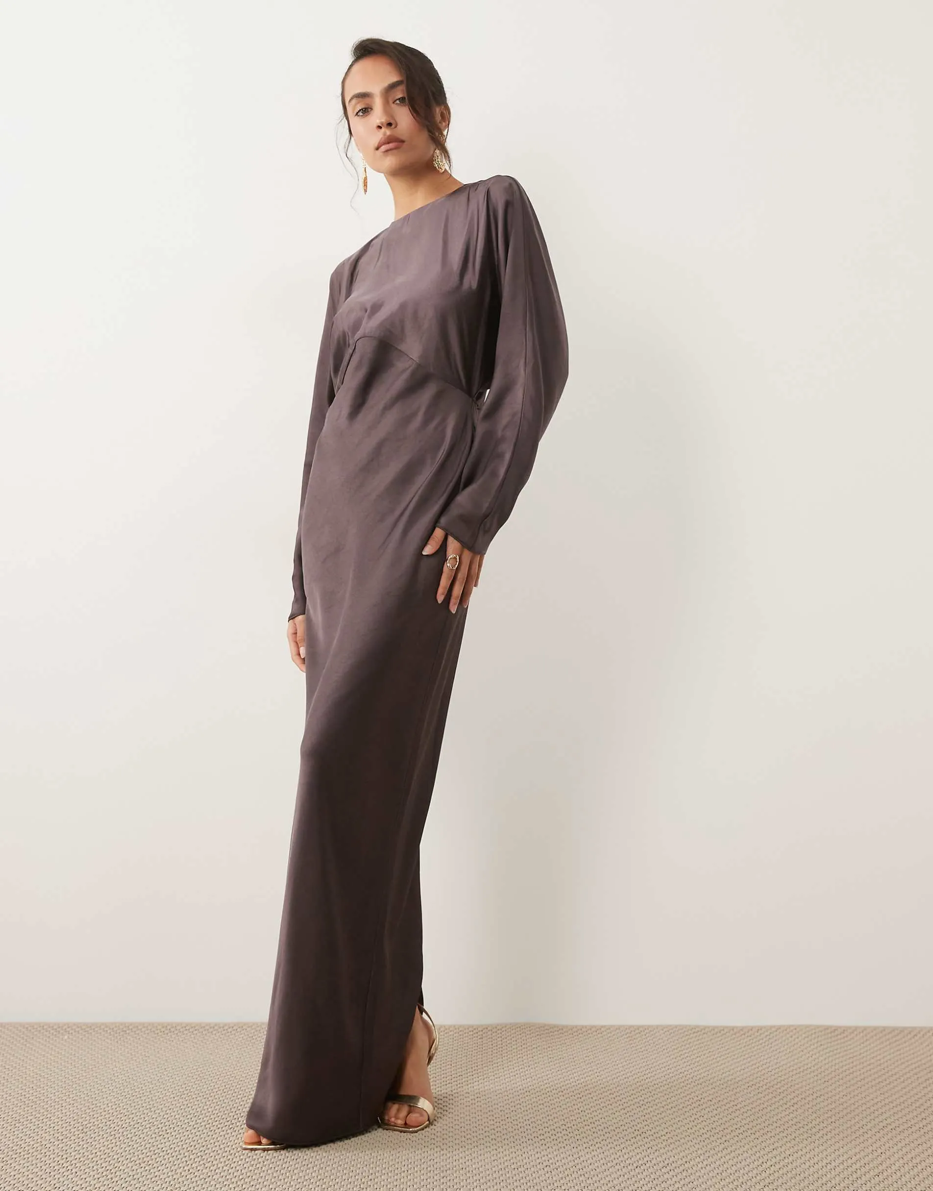ASOS DESIGN satin batwing maxi dress in brown