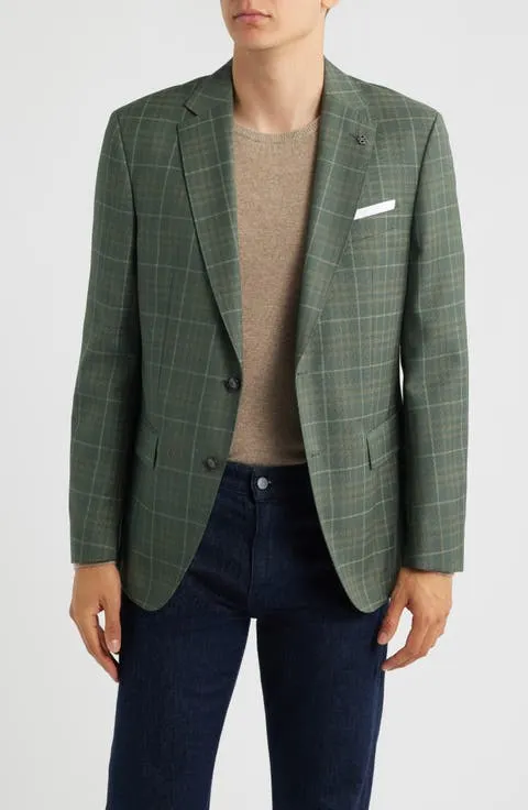 Hutson Slim Fit Green Windowpane Check Virgin Wool Sport Coat