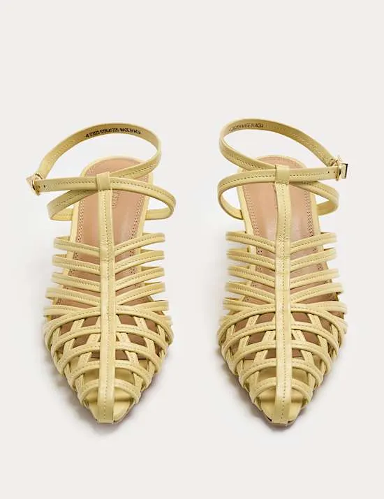 Leather Caged Strappy Kitten Heel Sandals
