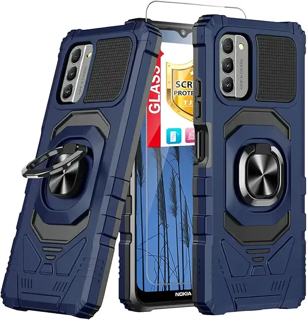 TJS Compatible for Nokia G100 Case (N150DL)/Nokia C300 Case (N155DL), with Tempered Glass Screen Protector, Metal Ring Magnetic Support Kickstand Heavy Duty Protection Phone Case (Blue)