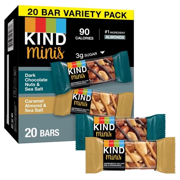 KIND Minis Dark Chocolate Nuts & Sea Salt, Caramel Almond & Sea Salt, Variety Pack, 0.7 oz, 20 Count Box $12.38 88.4 ¢/oz