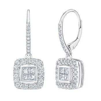 Princess Cut & Round Brilliant 0.98 ctw VS2 Clarity, I Color Diamond 14kt White Gold Dangle Earrings