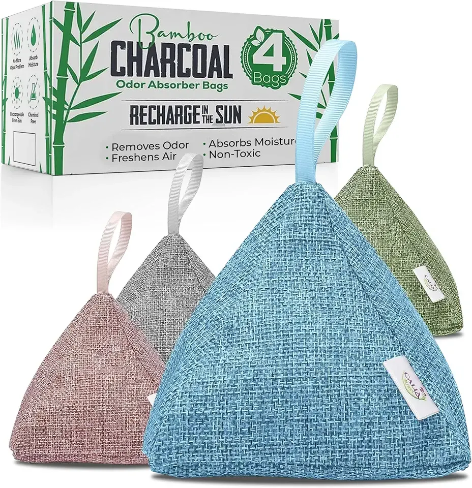 4 Pack Bamboo Charcoal Air Purifier Bags 200 Grams Each - Odor Absorber & Eliminator for Home, Car, Pets, Activated Charcoal Natural Freshener, Eco-Friendly & Reusable Designer Colors)