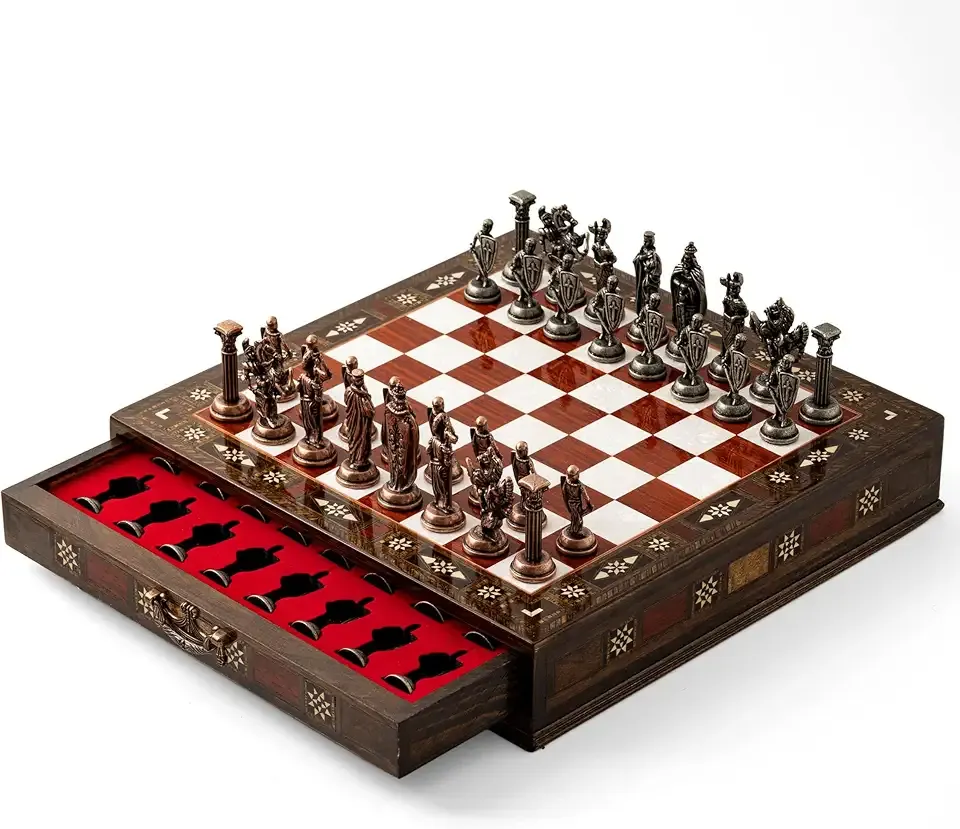 15-Inch Handmade Wooden Chess Set, Metal Pieces & Storage, Rose | Handcrafted Luxury Chess Board for Adults