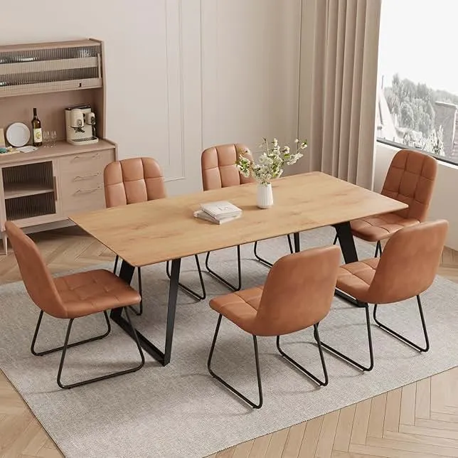 ZckyCine 63"-79" Expandable Dining Table Set for 6, Wood Table & 6 Brown Chairs, Extendable Kitchen Dining Table Set for Kitchen & Dining Room, Modern Oak & Brown