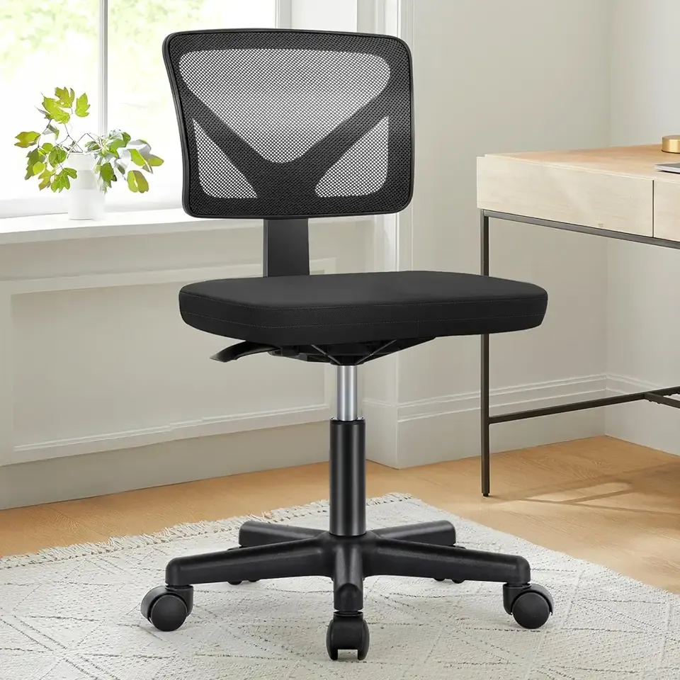 NEWBULIG Home Office Desk Chair, Armless Ergonomic Swivel Computer Chair with Wheels, Adjustable Height and Low-Back Mesh Design, Rolling Chair with Lumbar Support and Comfortable Seat, Black