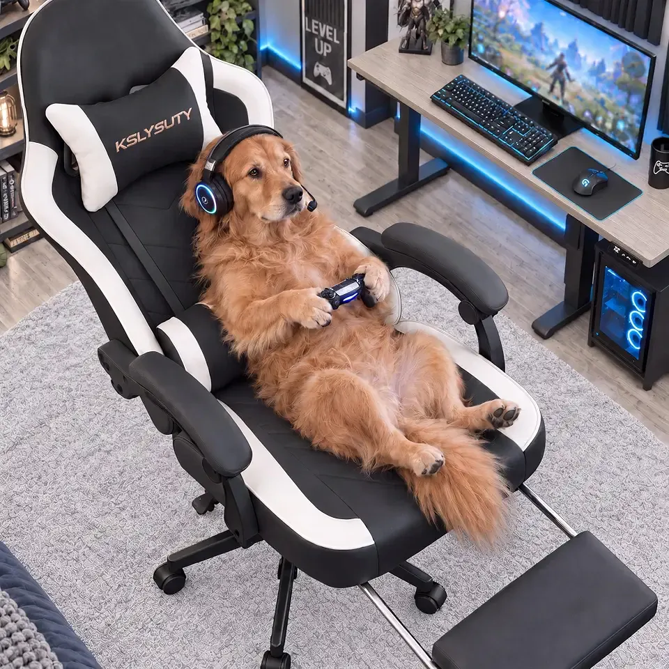 Desk Computer Gaming Chair - High Back Ergonomic Office Chair with Footrest and Lumbar Support, Swivel Comfy Home Gamer Video Game Chairs with Pocket Spring Cushion for Adults (White Leather)