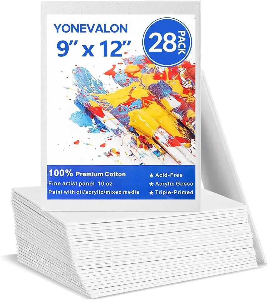 Canvases for Painting 28 Pack, 9 x 12 inch Blank Painting Canvas Boards, Primed Acid-Free 100% Cotton Canvas Panels for Acrylic Oil Tempera Watercolor, Art Supplies for All Skill Level